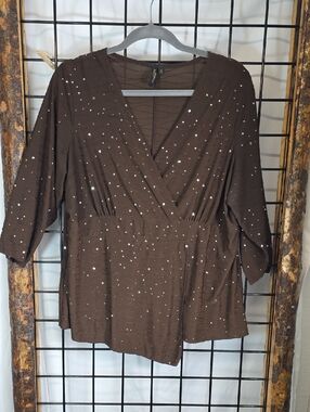 Susan Lawrence Brown V-Neck Wrap Blouse with Sparkle